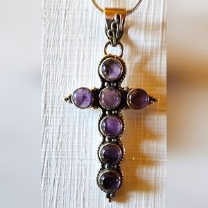 GENUINE AMETHYST 925 STERLING SILVER Vintage Cross Pendant with S.S. Snake Chain